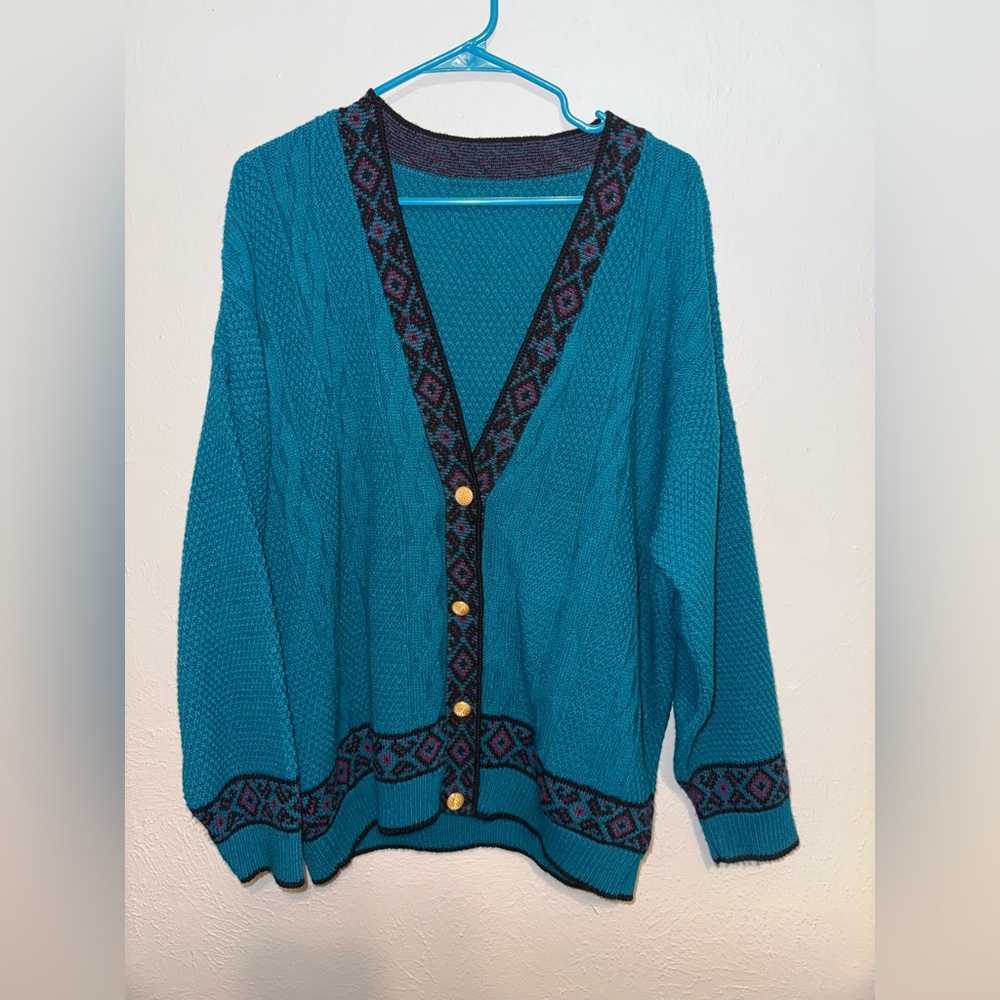 Vintage Elegant Teal Cardigan with Patterned Trim